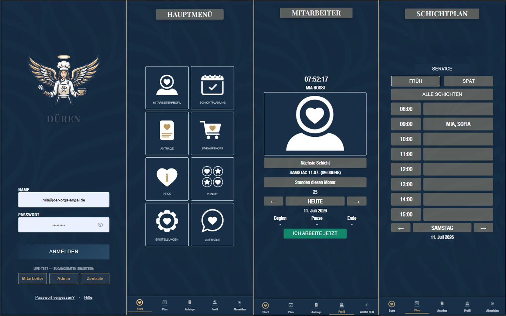 Four screens of the restaurant all-rounder app: login, main menu, staff view and shift plan – built with Next.js and Firebase.